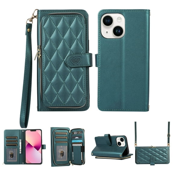 Nalacover for iPhone 14 6.1 inch Premium PU Leather Crossbody Case with Shoulder Strap & Wrist Strap,Shockproof Magnetic Flip Kickstand Credit Card Slots Zipper Wallet Phone Case,Darkgreen