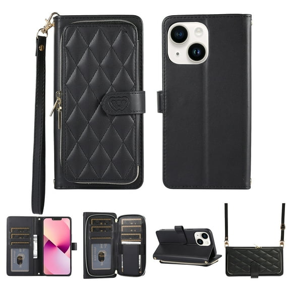 Nalacover for iPhone 14 6.1 inch Premium PU Leather Crossbody Case with Shoulder Strap & Wrist Strap,Shockproof Magnetic Flip Kickstand Credit Card Slots Zipper Wallet Phone Case,Black