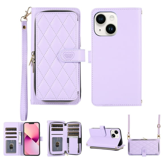 Nalacover for iPhone 14 6.1 inch Premium PU Leather Crossbody Case with Shoulder Strap & Wrist Strap,Shockproof Magnetic Flip Kickstand Credit Card Slots Zipper Wallet Phone Case,Purple