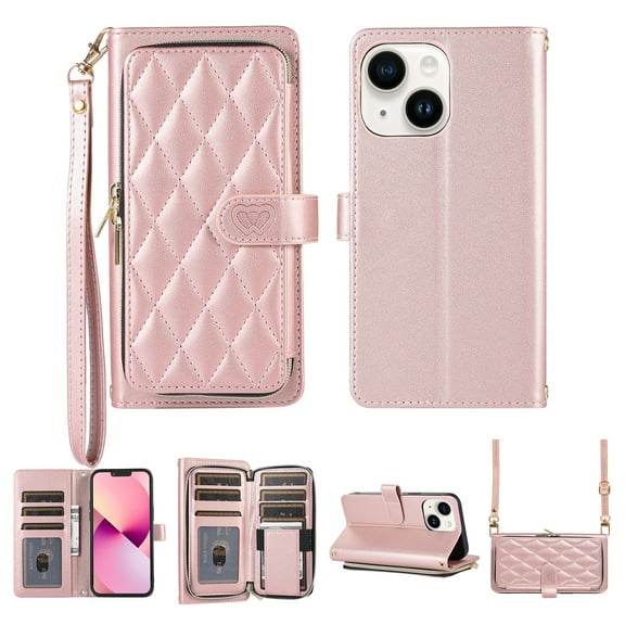 Nalacover for iPhone 14 6.1 inch Premium PU Leather Crossbody Case with Shoulder Strap & Wrist Strap,Shockproof Magnetic Flip Kickstand Credit Card Slots Zipper Wallet Phone Case,Rosegold