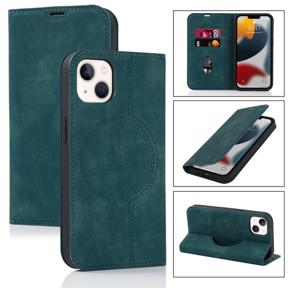 Nalacover for iPhone 14 6.1 inch Wireless Charging Case,Luxury Full Body Protection Solid Color PU Leather Magnetic Closure Flip RFID Blocking Card Slots Stand Cover.For iPhone 14,Blue