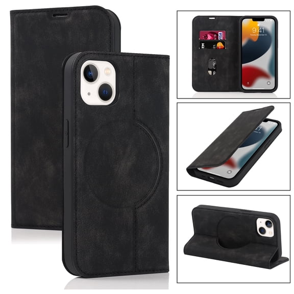 Nalacover for iPhone 14 6.1 inch Wireless Charging Case,Luxury Full Body Protection Solid Color PU Leather Magnetic Closure Flip RFID Blocking Card Slots Stand Cover.For iPhone 14,Black