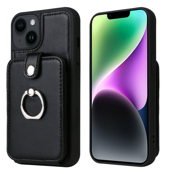 Nalacover for iPhone 14 Back Wallet Case, Card Slots Holder Premium PU Leather Purse Cover with Rotated Ring Holder Bracket, Soft TPU Bumper Shockproof Lens Protection Case,Black
