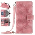 thumbnail image 1 of Nalacover for iPhone 14 Embossed Floral Pattern PU Leather Crossbody Case with Shoulder Strap,Shockproof Magnetic Flip Kickstand Credit Card Slots Zipper Pocket Wallet Phone Case,Pink, 1 of 10