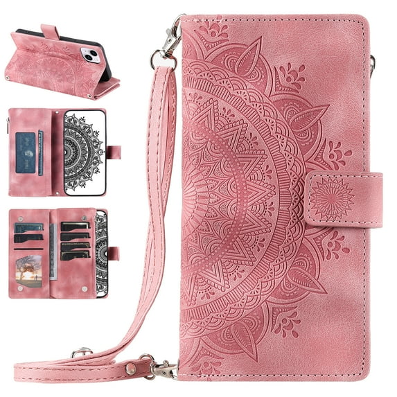 Nalacover for iPhone 14 Embossed Floral Pattern PU Leather Crossbody Case with Shoulder Strap,Shockproof Magnetic Flip Kickstand Credit Card Slots Zipper Pocket Wallet Phone Case,Pink