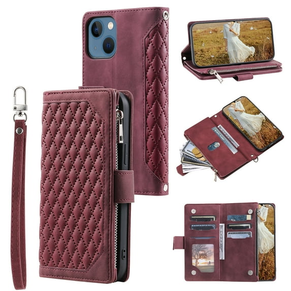 Nalacover for iPhone 14 Flip Kickstand Wallet Case,Full Body Protection Luxury PU Leather Shockproof Magnetic Closure Zipper Pocket with Detachable Hand Strap&Shoulder Strap Cover.Winered