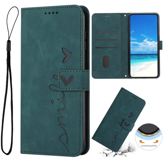 Nalacover for iPhone 14 Flip Wallet Case,Luxury Love Heart Embossed PU Leather Shockproof Soft TPU Protective Folio Kickstand Card Holder Slots Cover with Wrist Strap for Women Men,Green
