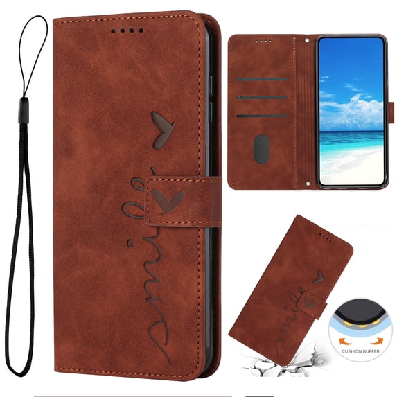 Nalacover for iPhone 14 Flip Wallet Case,Luxury Love Heart Embossed PU Leather Shockproof Soft TPU Protective Folio Kickstand Card Holder Slots Cover with Wrist Strap for Women Men,Brown