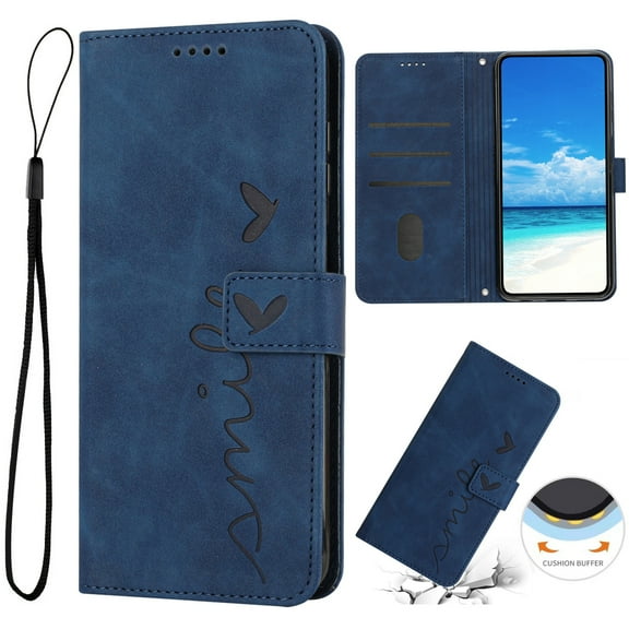 Nalacover for iPhone 14 Flip Wallet Case,Luxury Love Heart Embossed PU Leather Shockproof Soft TPU Protective Folio Kickstand Card Holder Slots Cover with Wrist Strap for Women Men,Blue