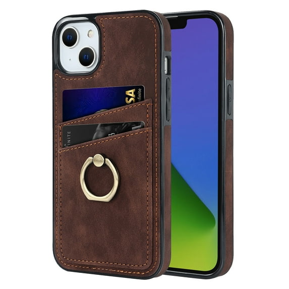 Nalacover for iPhone 14 Plus 6.7 inch Wallet Back Case,Luxury PU Leather Soft TPU Anti-Drop Shockproof Two Card Slots with Finger Ring Holder Kickstand Ultra Slim Phone Cover.Coffee