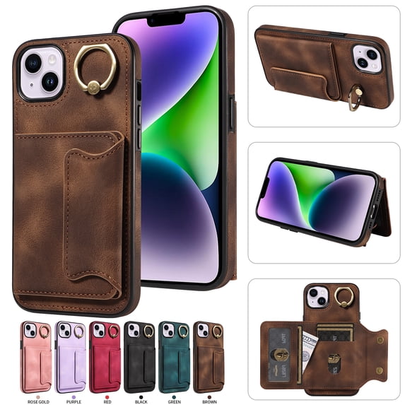 Nalacover for iPhone 14 Plus Ring Holder Wallet Case with Kickstand Magnetic Clasp, Credit Card Slots Holder Premium PU Leather Purse Cover, TPU Bumper Shockproof Anti-Scratches Case,Brown