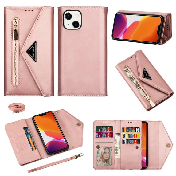 Nalacover for iPhone 14 Plus Wallet Case,360 Protection PU Leather and Soft TPU Magnetic Flip Folding Kickstand Card Slots Zipper Pocket Shockproof Cover with Crossbody Shoulder Strap.Rosegold