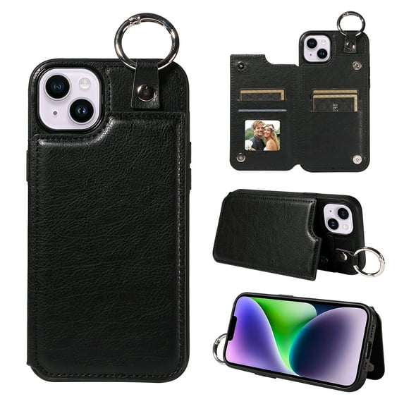 Nalacover for iPhone 14 Plus Wallet Case with Card Slots & Metal Finger Ring, Durable PU Leather Back Double Magnetic Botton Flip Kickstand Purse Shockproof Phone Case,Black