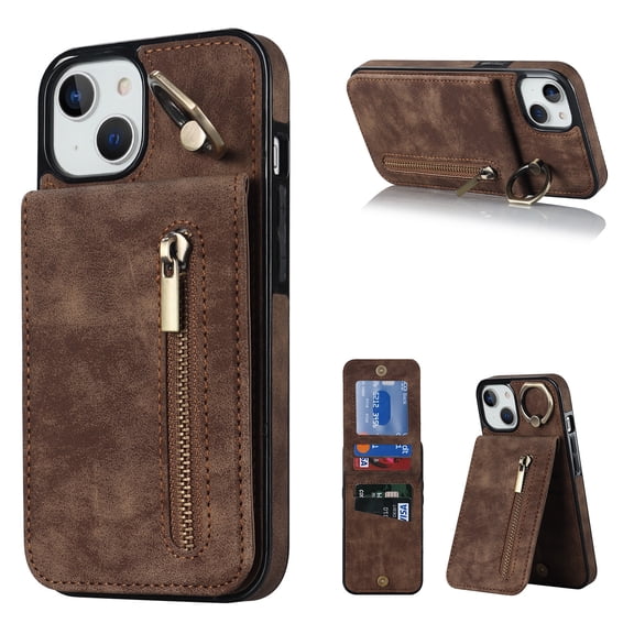 Nalacover for iPhone 14 Plus, Wallet with RFID Credit Card Holder and Zipper Pocket,Drop Protection Flip Cover Ring Holder Kickstand with Double Magnetic Clasp For iPhone 14 Plus, Brown