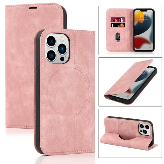 Nalacover for iPhone 14 Plus Wireless Charging Case,Luxury Full Body Protection Solid Color PU Leather Magnetic Closure Flip RFID Blocking Card Slots Stand Cover.For iPhone 14 Plus,Pink