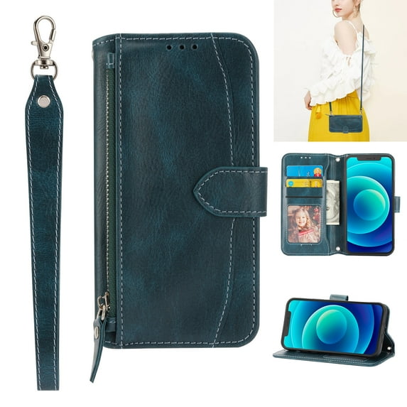 Nalacover for iPhone 14 Plus Zipper Wallet Case with Card Slots Holder Kickstand Magnetic Clasp Flip Folio Case, Luxury PU Leather Shoulder Strap Wristlet Handbag Crossbody Shockproof Cover,Green