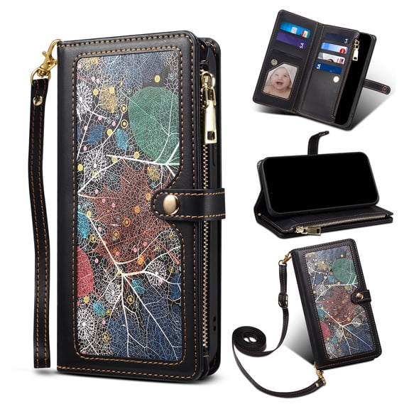 Nalacover for iPhone 14 Pro 6.1 inch Wallet Case,Stylish Pattern PU Leather RFID Blocking Magnetic Clasp Flip Folio Zipper Pocket Kickstand Card Slots Phone Cover with Wrist Strap.Black