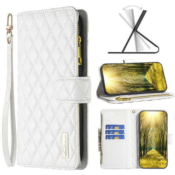 Nalacover for iPhone 14 Pro 6.1 inch Zipper Wallet Case with Magnetic Clasp Flip Folio Kickstand 9 Card Slots Luxury Premium PU Leather and Soft TPU Shockproof with Wrist Strap Cover.White