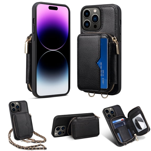 Nalacover for iPhone 14 Pro Crossbody Wallet Case for Women Men,Premium PU Leather Zipper Pocket ID Credit Card Slots Kickstand Phone Case with Removable Metal Shoulder Strap,Black