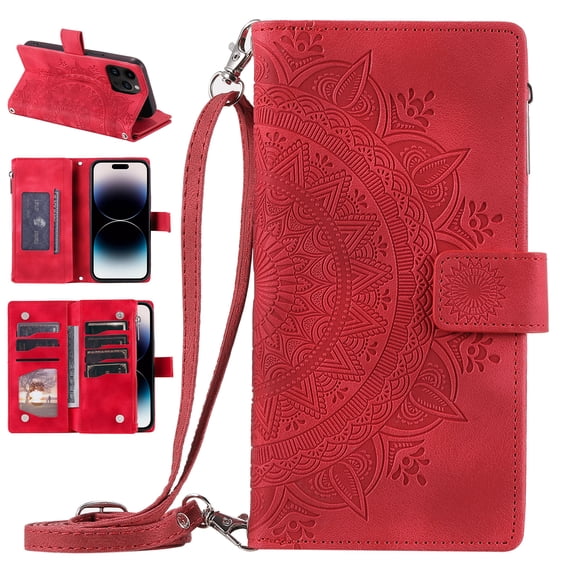 Nalacover for iPhone 14 Pro Embossed Floral Pattern PU Leather Crossbody Case with Shoulder Strap,Shockproof Magnetic Flip Kickstand Credit Card Slots Zipper Pocket Wallet Phone Case,Red