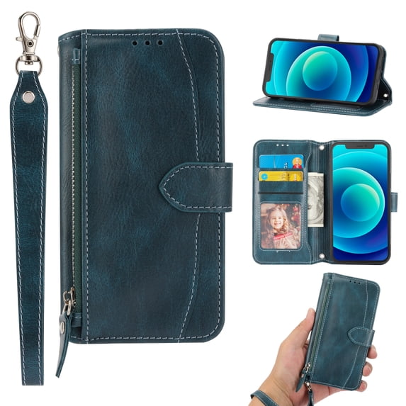 Nalacover for iPhone 14 Pro Max 6.7 inch Wallet Case,Shockproof Premium PU Leather Magnetic Closure Zipper Flip Kickstand Card Slots Anti-Scratch with Detachable Wrist Strap Phone Cover.Green