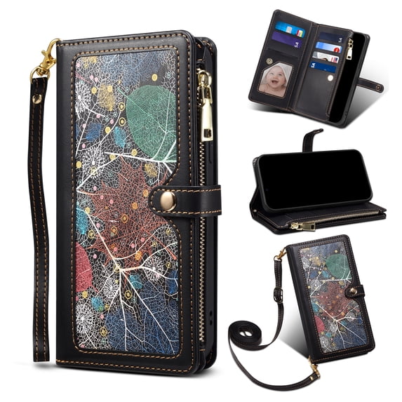 Nalacover for iPhone 14 Pro Max 6.7 inch Wallet Case,Stylish Pattern PU Leather RFID Blocking Magnetic Clasp Flip Folio Zipper Pocket Kickstand Card Slots Phone Cover with Wrist Strap.Black