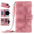 thumbnail image 1 of Nalacover for iPhone 14 Pro Max Embossed Floral Pattern PU Leather Crossbody Case with Shoulder Strap,Shockproof Magnetic Flip Kickstand Credit Card Slots Zipper Pocket Wallet Phone Case,Pink, 1 of 10