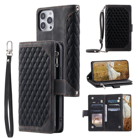 Nalacover for iPhone 14 Pro Max Flip Kickstand Wallet Case,Full Body Protection Luxury PU Leather Shockproof Magnetic Closure Zipper Pocket with Detachable Hand Strap&Shoulder Strap Cover.Black