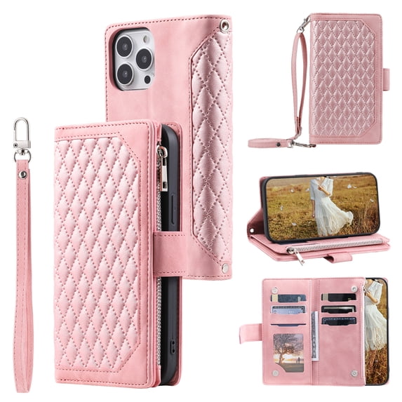 Nalacover for iPhone 14 Pro Max Flip Kickstand Wallet Case,Full Body Protection Luxury PU Leather Shockproof Magnetic Closure Zipper Pocket with Detachable Hand Strap&Shoulder Strap Cover.Rosegold
