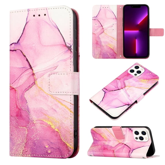 Nalacover for iPhone 14 Pro Max PU Leather Wallet Case,Stylish Marble Pattern Magnetic Clasp Flip Kickstand Cash Pocket Wireless Charging Detachable Wrist Strap Cover for Girls Women,Pink & Purple