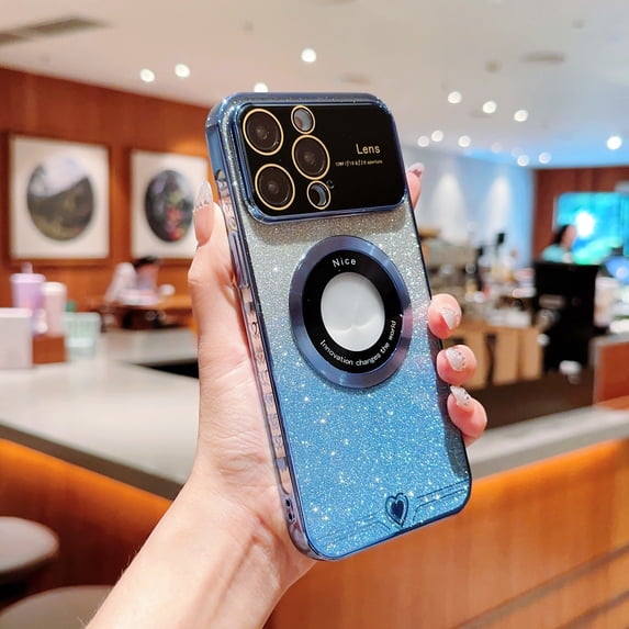 Nalacover for iPhone 14 Pro Max Sparkle Shining Magnetic Case Compatible with MagSafe Support Wireless Charging, Glitter Paper Electroplated Frame Cover with Lens Protector Clear Case,Blue