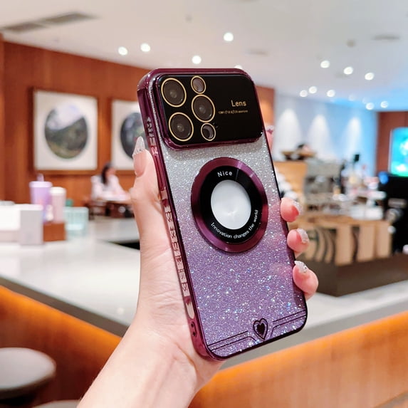 Nalacover for iPhone 14 Pro Max Sparkle Shining Magnetic Case Compatible with MagSafe Support Wireless Charging, Glitter Paper Electroplated Frame Cover with Lens Protector Clear Case,Darkpurple