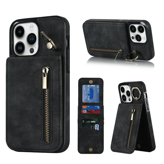 Nalacover for iPhone 14 Pro Max,Wallet with RFID Credit Card Holder and Zipper Pocket,Drop Protection Flip Cover Ring Holder Kickstand with Double Magnetic Clasp For iPhone 14 Pro Max, Black