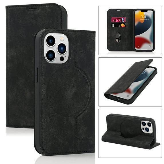 Nalacover for iPhone 14 Pro Max Wireless Charging Case,Luxury Full Body Protection Solid Color PU Leather Magnetic Closure Flip RFID Blocking Card Slots Stand Cover.For iPhone 14 Pro Max,Black
