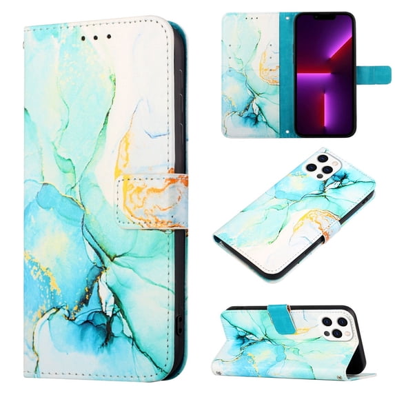 Nalacover for iPhone 14 Pro PU Leather Wallet Case,Stylish Marble Pattern Magnetic Clasp Flip Kickstand Cash Pocket Wireless Charging Detachable Wrist Strap Cover for Girls Women,Green