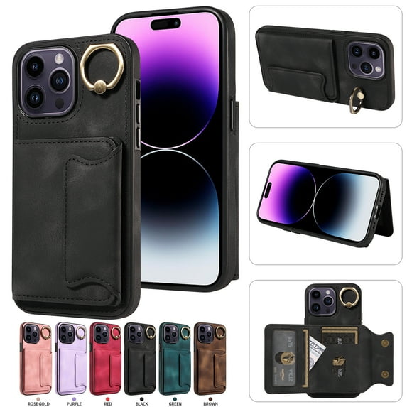 Nalacover for iPhone 14 Pro Ring Holder Wallet Case with Kickstand Magnetic Clasp, Credit Card Slots Holder Premium PU Leather Purse Cover, TPU Bumper Shockproof Anti-Scratches Case,Black