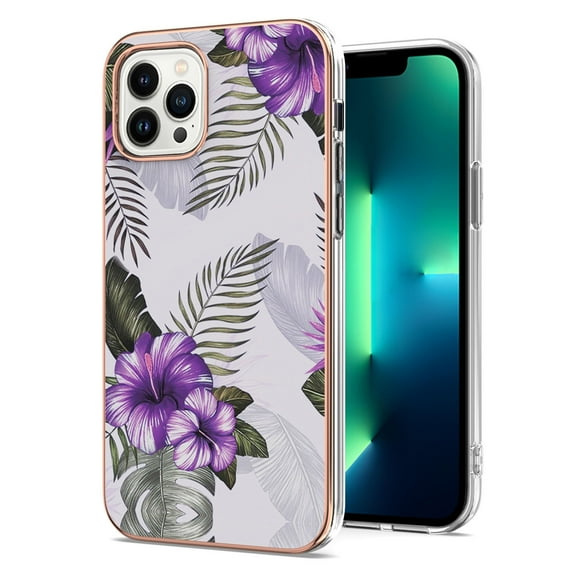 Nalacover for iPhone 14 Pro Slim Case, Fish Scale Marble Pattern Soft TPU Shockproof Lens Protection Cover for Women Girls, Compatible with MagSafe Wireless Charging Case,Purple Floral