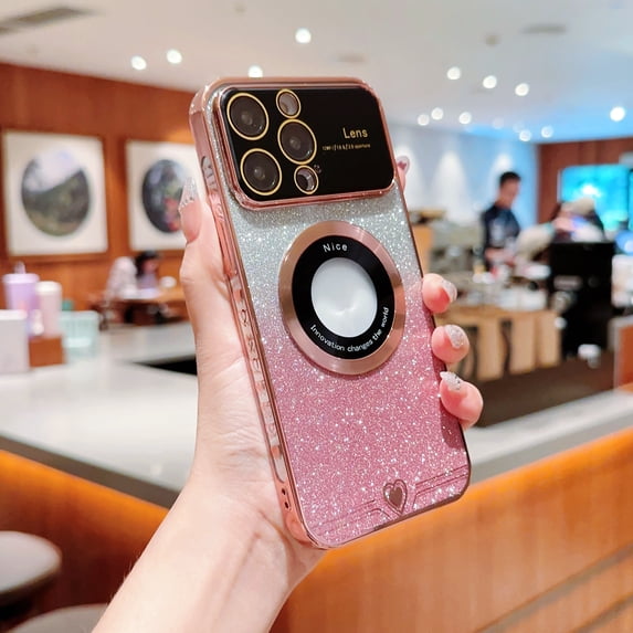 Nalacover for iPhone 14 Pro Sparkle Shining Magnetic Case Compatible with MagSafe Support Wireless Charging, Glitter Paper Electroplated Frame Cover with Lens Protector Clear Case,Pink