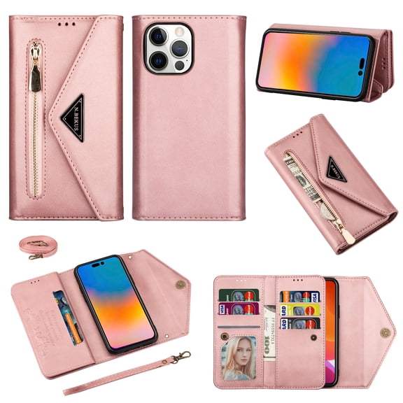 Nalacover for iPhone 14 Pro Wallet Case,360 Protection PU Leather and Soft TPU Magnetic Flip Folding Kickstand Card Slots Zipper Pocket Shockproof Cover with Crossbody Shoulder Strap.Rosegold