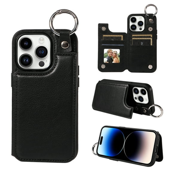 Nalacover for iPhone 14 Pro Wallet Case with Card Slots & Metal Finger Ring, Durable PU Leather Back Double Magnetic Botton Flip Kickstand Purse Shockproof Phone Case,Black