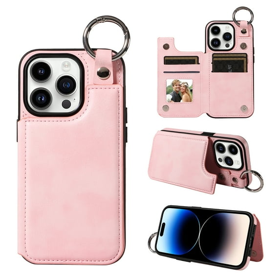Nalacover for iPhone 14 Pro Wallet Case with Card Slots & Metal Finger Ring, Durable PU Leather Back Double Magnetic Botton Flip Kickstand Purse Shockproof Phone Case,Rosegold
