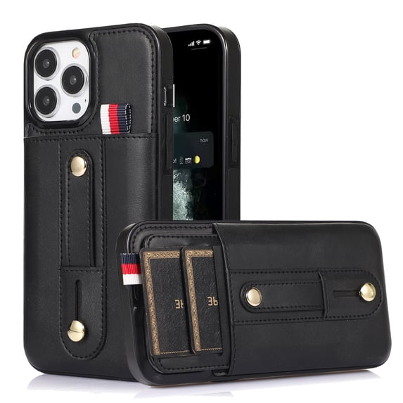 Nalacover for iPhone 14 Pro Wallet Case Hidden Card Slots Holder, Premium PU Leather Loop Finger Strap TPU Shockproof Lens Protection Cover for iPhone 14 Pro,Black