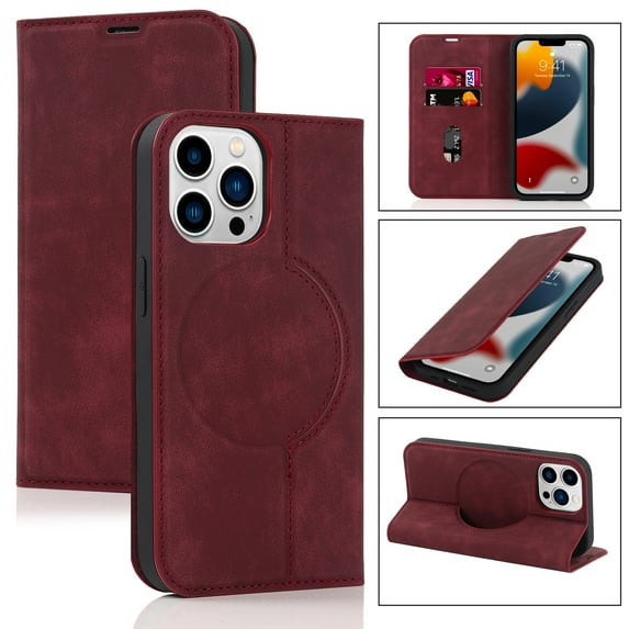 Nalacover for iPhone 14 Pro Wireless Charging Case,Luxury Full Body Protection Solid Color PU Leather Magnetic Closure Flip RFID Blocking Card Slots Stand Cover.For iPhone 14 Pro,Red