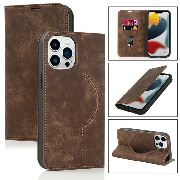 Nalacover for iPhone 14 Pro Wireless Charging Case,Luxury Full Body Protection Solid Color PU Leather Magnetic Closure Flip RFID Blocking Card Slots Stand Cover.For iPhone 14 Pro,Brown