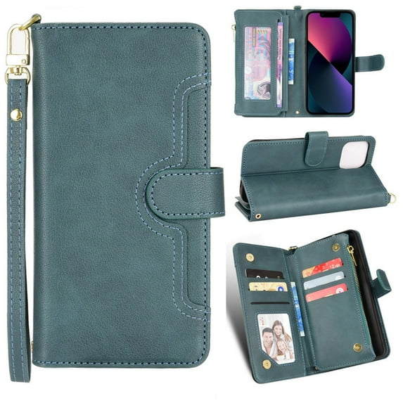 Nalacover for iPhone 14 Pro Zipper Wallet Case, Lanyard Shoulder Strap Crossbody Card Slots Holder Cover with Magnetic Clasp Kickstand Premium PU Leather + Soft TPU Shockproof Case,Green