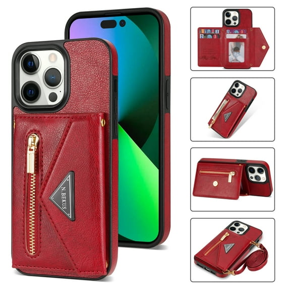 Nalacover for iPhone 14 Pro Zipper Wallet Case,Luxury Premium PU Leather Back Soft TPU Magnetic Buckle Flip Card Pocket Shockproof Slim Cover with Adjustable Crossbody Shoulder Strap,Red