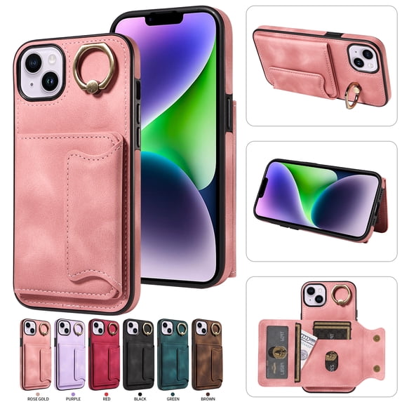 Nalacover for iPhone 14 Ring Holder Wallet Case with Kickstand Magnetic Clasp, Credit Card Slots Holder Premium PU Leather Purse Cover, TPU Bumper Shockproof Anti-Scratches Case,Rosegold
