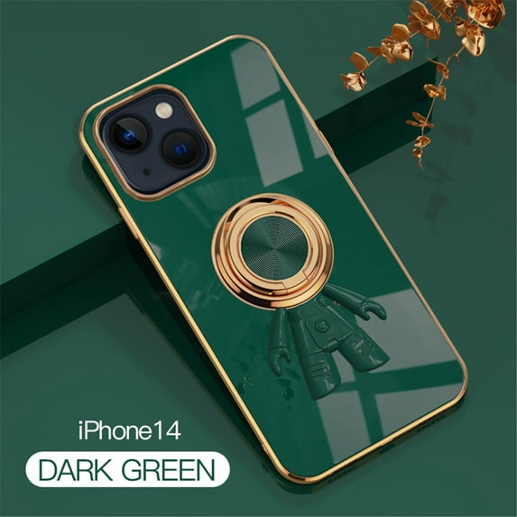 Nalacover for iPhone 14 Slim Case,Cute Cartoon 6D Plating Astronaut Hidden Ring Kickstand Soft TPU Shockproof Corner Protection Drop Proof Edge Bumper Cover for Women Men.Darkgreen