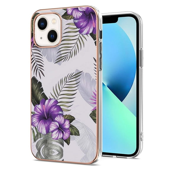 Nalacover for iPhone 14 Slim Case, Fish Scale Marble Pattern Soft TPU Shockproof Lens Protection Cover for Women Girls, Compatible with MagSafe Wireless Charging Case,Purple Floral