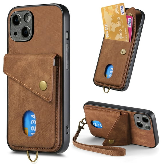 Nalacover for iPhone 14, Slim Case Wallet with Credit Card Holder, Back Flip Premium Leather Magnetic Clasp Kickstand Wirst Hand Strap Shockproof Cover For iPhone 14, Brown